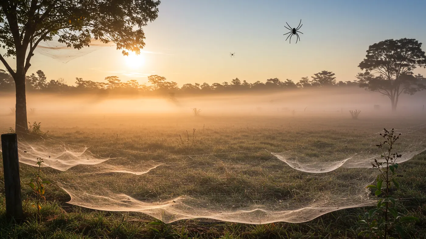 Teias de aranha cobrindo paisagem rural no Brasil durante fenômeno de ballooning em 2025. Fotos reais.