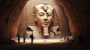 Arqueólogos fazem uma descoberta misteriosa em uma tumba egípcia: uma enorme estátua de faraó rachada, representando um dos enigmas do Egito antigo.